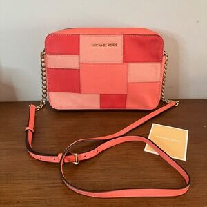 Michael Kors Jet Set East West Crossbody Bag Coral Pink Red Patchwork Saffiano